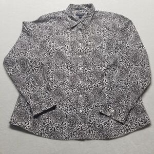 Lands End Womens 18 Top Button Up Blouse Paisley Black White Bohemian Preppy